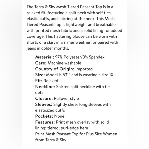 Terra & Sky 1X long sleeve smocked mesh top - Picture 3 of 5